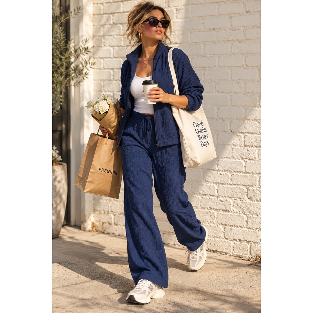 Monterey Bay Blue Rayon Blend Crinkle Jacket & Pants Tracksuit Travel Set PL